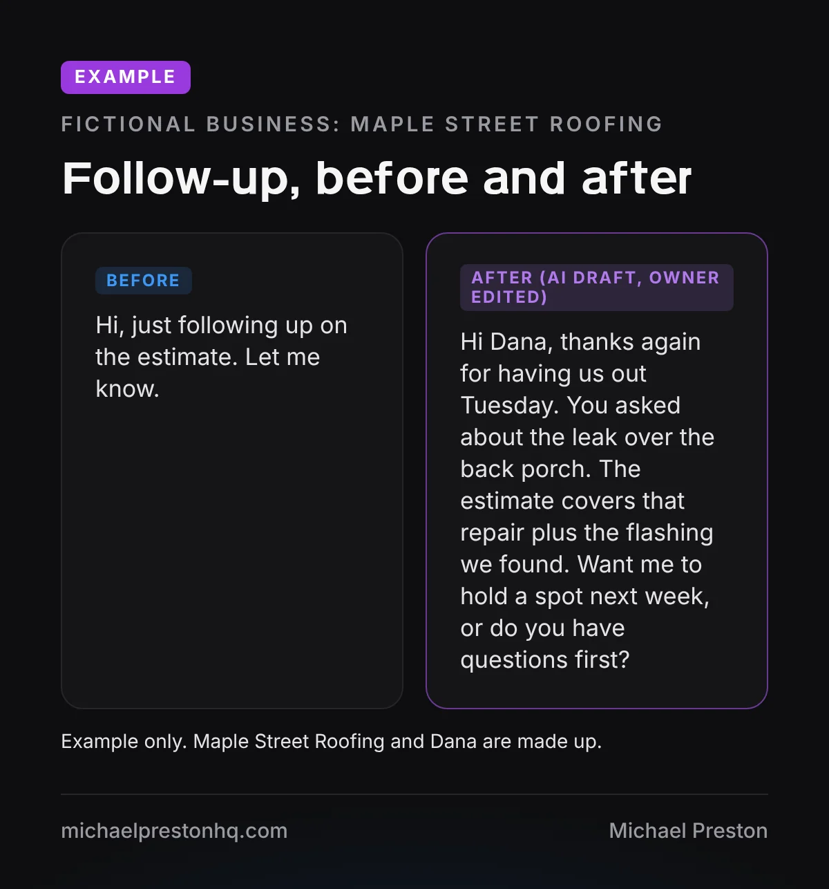 Example of a vague follow-up message rewritten with AI into a specific, friendly message for a fictional roofing company