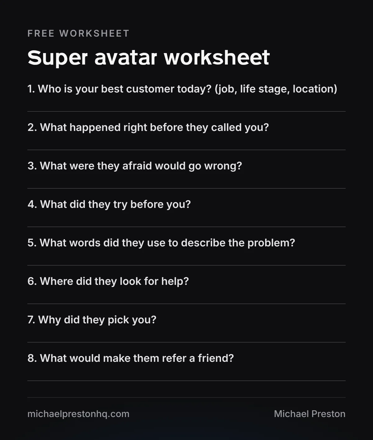Super avatar worksheet with eight questions about your best customer and space to write answers