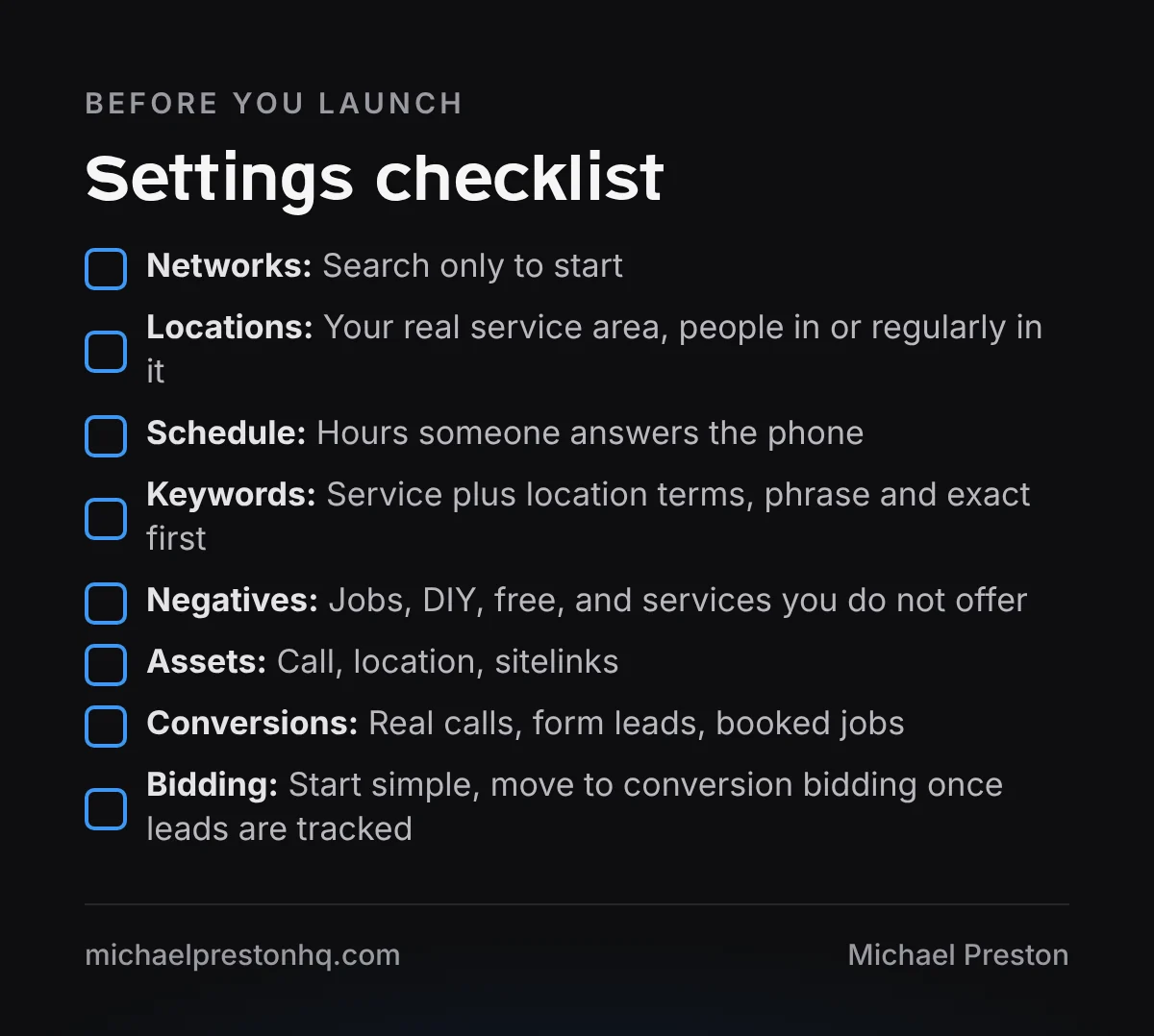Google Ads settings checklist for a small service business covering networks, locations, schedule, keywords, negatives, assets, conversions and bidding
