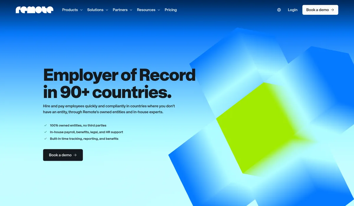 Screenshot of Remote's public Employer of Record page on remote.com, headline Employer of Record in 90+ countries
